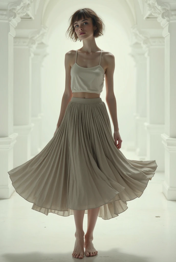 a therapist is dancing in her skirt (in a flirting manner:1.3) while in a space station, (shy) authentic (kind and tender) lesbian woman wearing a short blazer with a very very detailed (long (fully pleated) full circle skirt) and (simple) low heeled office shoes, very very intricate hyper-detailed symmetric (attractive graceful young feminine face) with (sad, tired) eyes and a (flirty smile), full of empathy and compassion and love, (pronounced feminine features:1,3), extremely freckled skin and very long dark hair, big boobs, large breasts, shirtless, topless, (highly detailed ultra accurate realistic) hands and fingers, ((windy conditions and wind blowing)), epic composition, highly detailed attributes, highly detailed atmosphere, detailed background, intricate, Exquisite details and textures, highly detailed, deep space station secret operations active background,