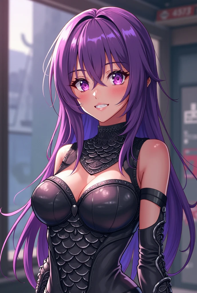 The anime-style image showcases a hot woman with long, wavy hair that transitions from a dark hue at the roots to a captivating vibrant purple at the ends. She dons a black crop top that exposes her defined abdomen, enhancing her athletic build, and accessorizes with a cross-shaped pendant necklace. Atop her head rests a Purple Witch Hat, its rim embellished with purple details and distinctive white lettering. Her expressive, oversized anime eyes, adorned with purple or light brown coloring, gleam with an enchanting allure.
Accessorizing her look further, she wears a Purple leather choker adorned with a
