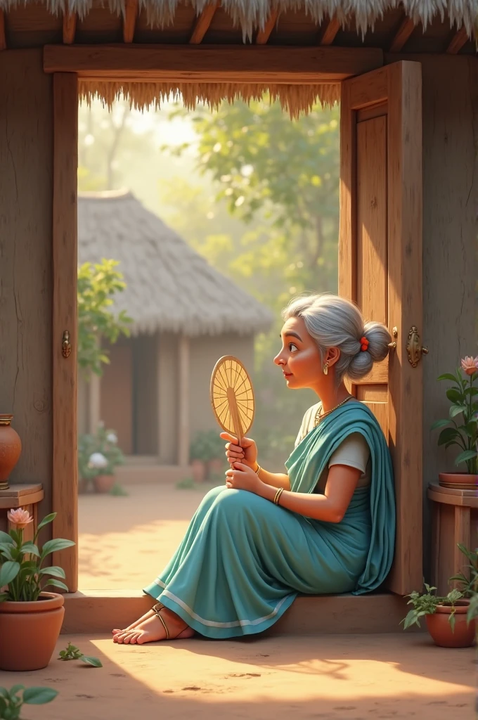 A animated picture of a Indian villager old woman she have a expression less face and