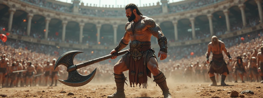 looking at us, Staring Intently, face focus, Bandit, Fat ferocious barbarian:2, This barbarian is a robust stocky Japanese, smirking, mid combat, intense battle scene, leather and iron armor, armored short skirt, holding a Viking War Axes, viking helmet, legs exposed from thighs to feet, fierce warriors, ancient battlefields, epic showdown, battleground background, masterpiece, volumetric lighting, Dramatic, Uighur the Warden, breathtaking action, dynamic poses, bald, ((ultra sharp)), ((masterpiece)), ((best quality)), ((ultra detailed)), ((intricate details)), Inguinal region detailed, Dilapidated, breathtaking action, The landscape is of an abandoned town, A brutal scene, lets out a yell, 