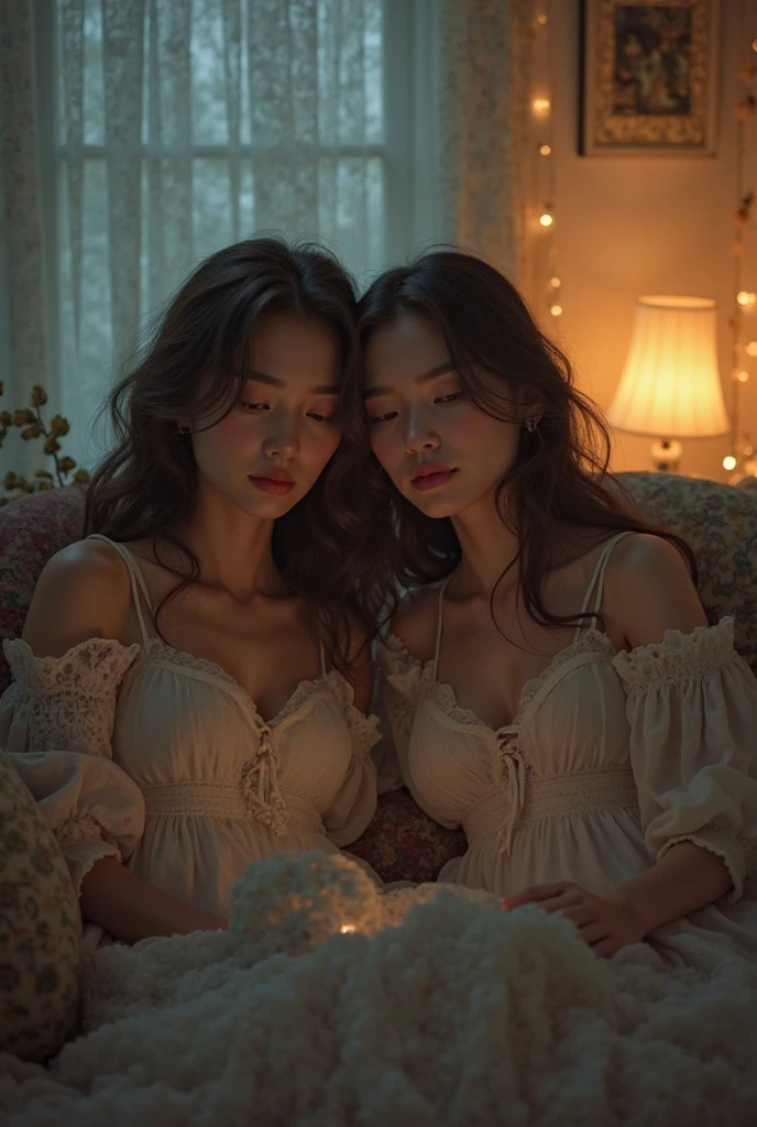 (photorealism:1.2), Create an image of a confident 2 Filipina woman with an hourglass body shape, slightly curvy, standing at 5'4". She has fair skin, long and thick hair, and a small heart-shaped face with subtle cheekbones and a rounded chin. Her nose is delicate, pointy, and . She is lying in bed inside a beautifully decorated, well-lit room. The room is warmly illuminated by soft ambient lights, complemented by the gentle moonlight streaming through large windows. She is wearing an elegant evening gown that drapes gracefully around her. The camera is positioned directly in front of her, capturing her serene expression as she prepares to sleep. Her hands rest comfortably at her sides or are gently touching her face, showing that she is winding down for the night. Outside, the night sky is dotted with stars, adding a peaceful and calming ambiance to the scene.