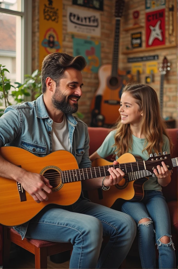 (Photorealism:1.1) a man dark brown hair and brown eye with his blonde daughter blue eyes 8 years in the living room he playing a Gibson guitar 8k ultra realistic super detailed