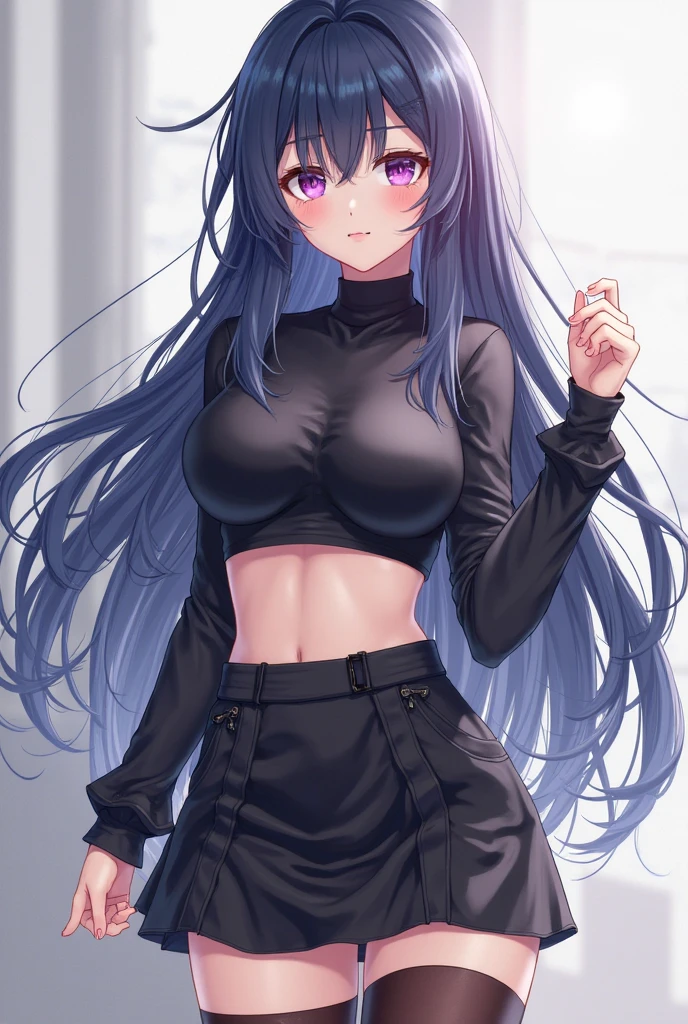 (Masterpiece), (best quality), Cat girl, 20 years old, long hair, dark purple hair, chest, blue eyes, cat ears and cat tail, round glasses, black crop top. Black off-the-shoulder shirt A purple silk jacket showing off the shoulders. Black short skirt, black panties