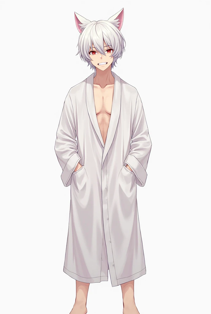 masterpiece, best quality, high quality, 1boy,, , duo, male focus, full body, looking at viewer, white hair,spiky hairstyle, short hair, steam smork, japan style, anime coloring, shy, home muji style, detailed face, topless, white towel on waist,