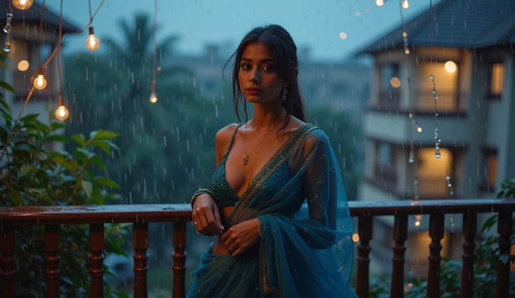 beautiful indian princess, (small breasts), wearing sheer blue sari, red lipstick, small breasts, kneeling on the sidewalk in deserted urban alley, pink socks, full body shot, high res, night, rain, raining, side view, breasts exposed