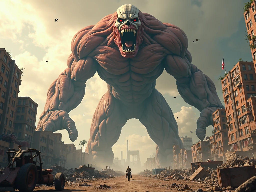 Illustrate the chaos and destruction that follows, with people running in fear from micheal myris anime