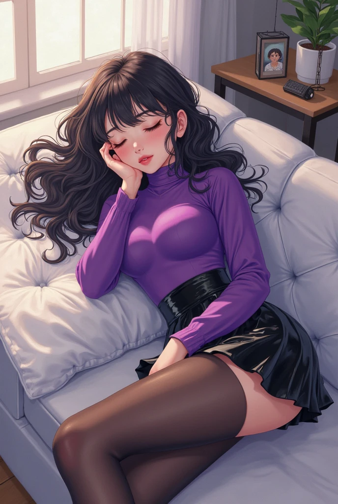 (tmasterpiece:1.2, Best quality at best), actual, (Real pictures, Complicated details, depth of fields), tmasterpiece, Best quality at best, A woman sitting on a purple sofa，in a white shirt, Fair, The skin  smooth and translucent, , Crazy expansion, Larger than shoulder blade, Fitness model, Ruddy cheeks