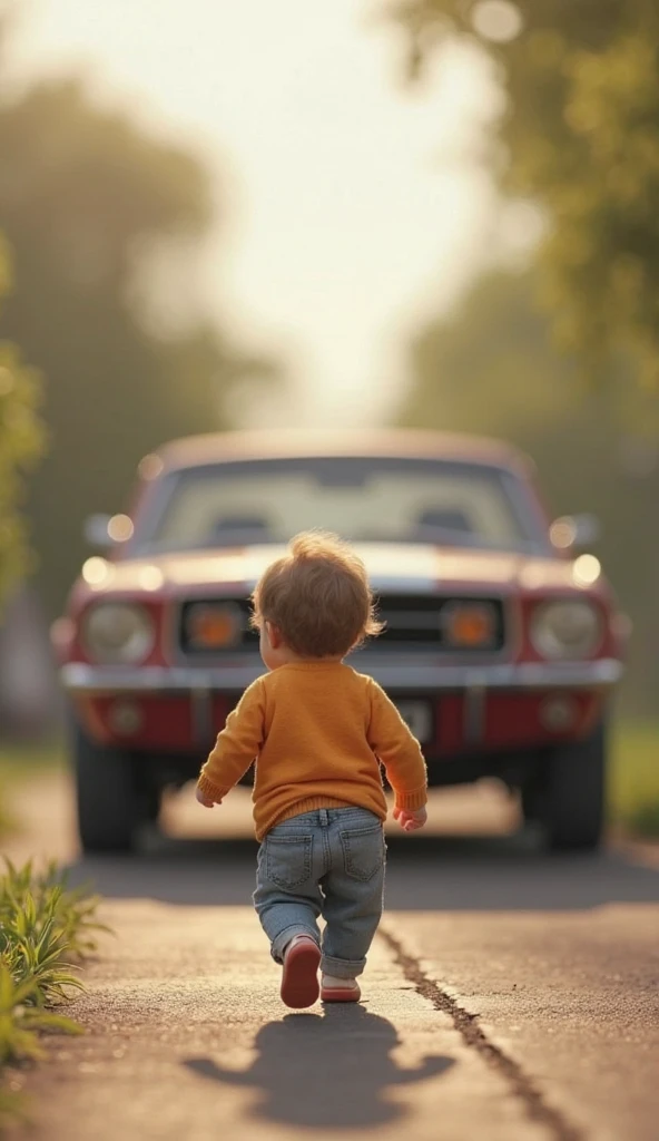 Boy in an orange t-shirt getting into a Saveiro trunk car