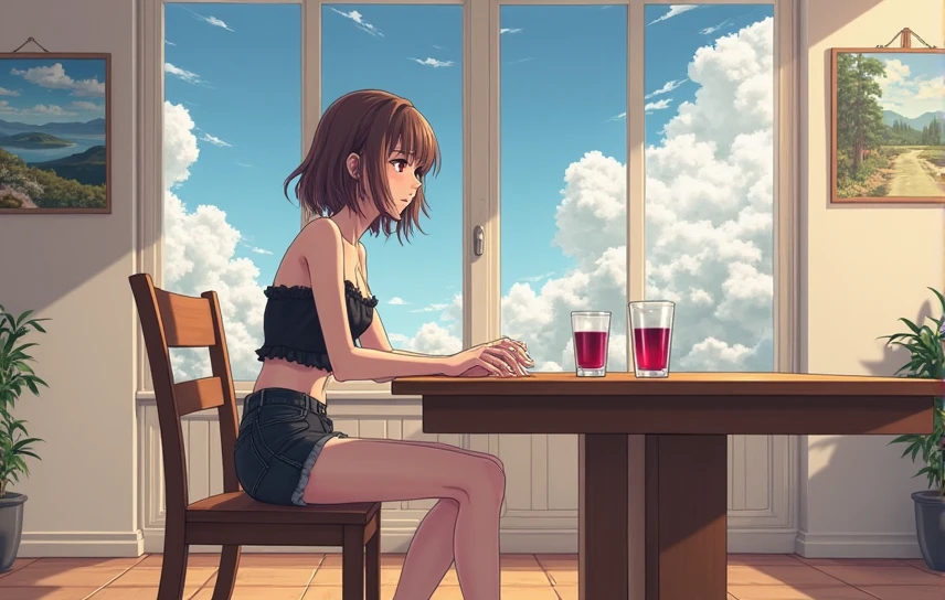 (80's, Retro), (Album cover), (masterpiece, Highest quality, Intricate details), ,pop,Retro,Emotional,Woman relaxing on the balcony,Relax with a drink,