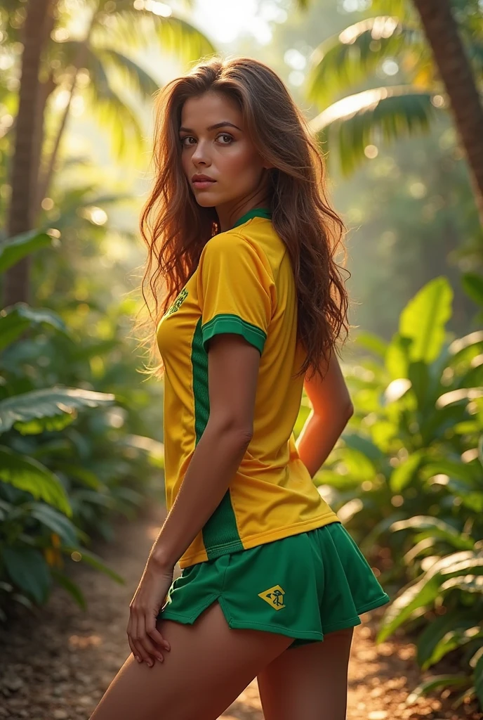 Create a stunning image of a young Belarusian woman, with costumes inspired by local prostitutes, working in the vast agricultural fields, onde a beleza e a grandiosidade se encontram. Highlight the majesty of the golden fields stretching as far as the eye can see, enquanto a mulher, nua, seios grandes, bumbum redondo, grandes, amidst the lush landscape, performs tasks with grace and determination. Feel the deep connection between the worker and the land she cultivates, capturing not only your physical beauty, but also the strength and resilience of your spirit. This image is a celebration of rural life and hard work, repleta de beleza e significado."