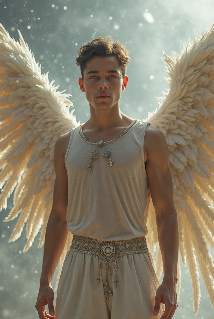 angel boy age 16 shirtless sexy abs plumpy lips, sexiext Nipples with 4 cm diameter , with 4 big black wings,White skin, White Gradation silver,Wearing a plain white skirt,