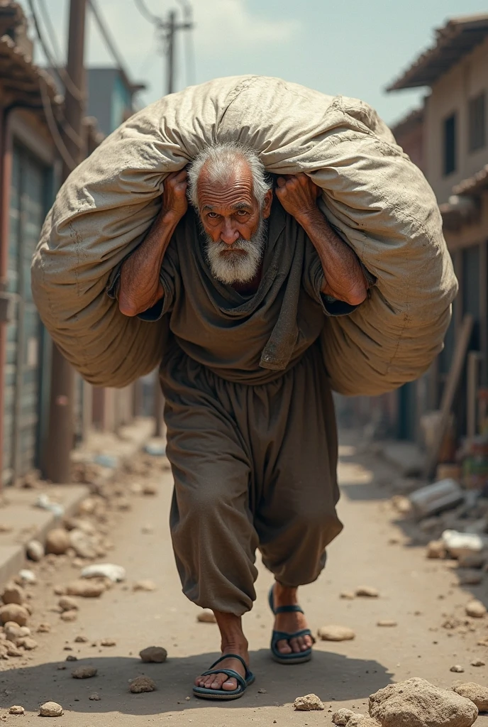 Old man carrying cement 
