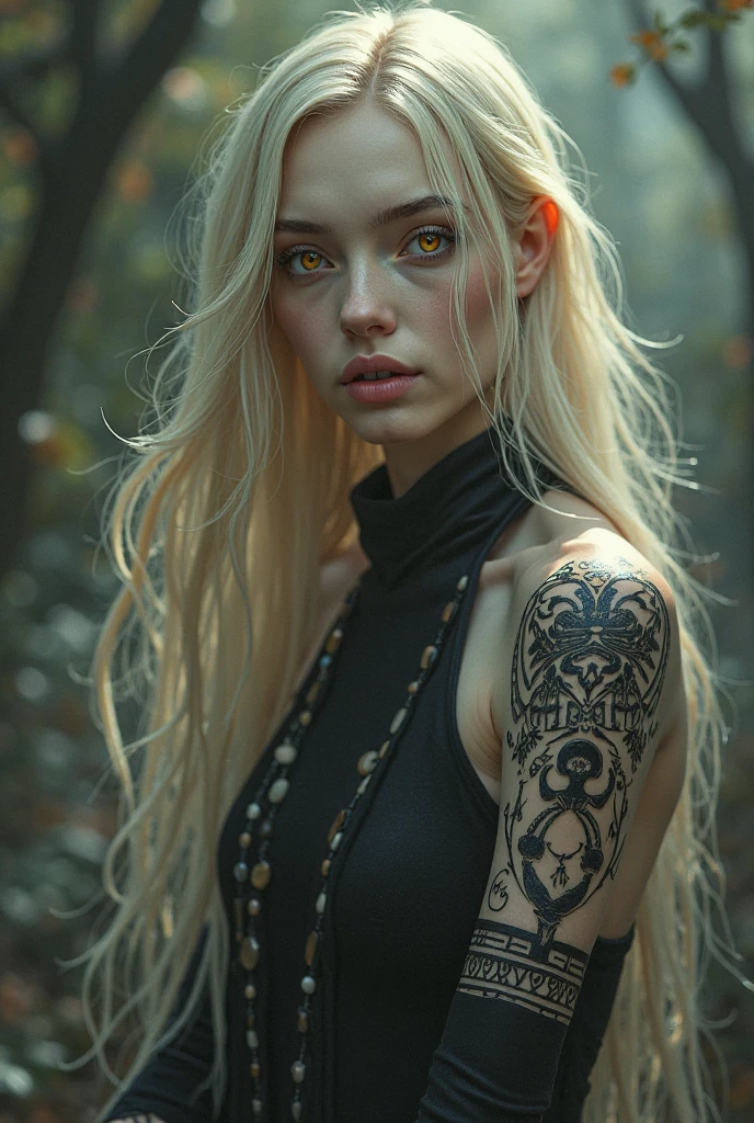 women, blonde, tiara, eyeliner, piercing nostril, piercing septum, clavicle leaf tattoos
