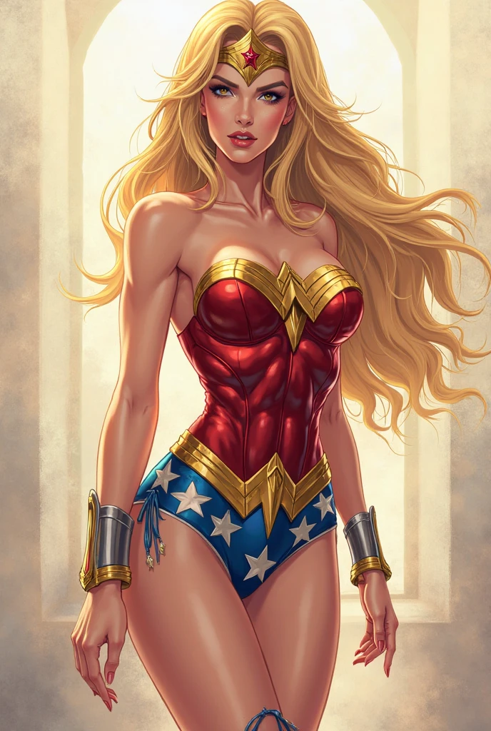 Wonder Woman in a white valerian dress with straight shoulder length blonde hair