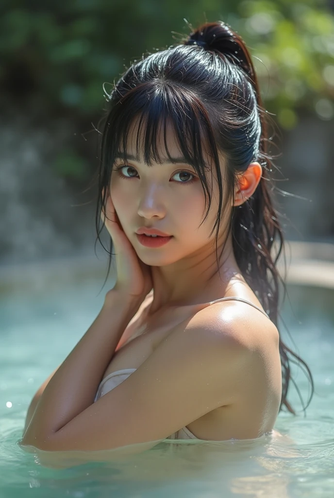 (8K, Best Quality, Masterpiece: 1.2), (Realistic, Photorealistic: 1.37), Ultra Detailed, Soft Light, One Girl, Cute, Solo, Beautiful Details Sky, Open Window, Blush, Pink Cheeks, (Shy Face: 1.15), (Shut Up), (Skinny: 1.7), (Flat Chest: 1.9), (Small Breast: 1.9), (Small Breast: 1.9), Beautiful delicate eyes, beautiful delicate nose, rain, (medium hair: 1.5), puffy novafrog style, visible, (black hair), squinted, thin eyebrows, mature face, ((towel slippery, wet skin, wet hair, wet face, disheveled hair)), arms spread, legs spreading)), open-air bath, Japan hot spring, hot spring, night