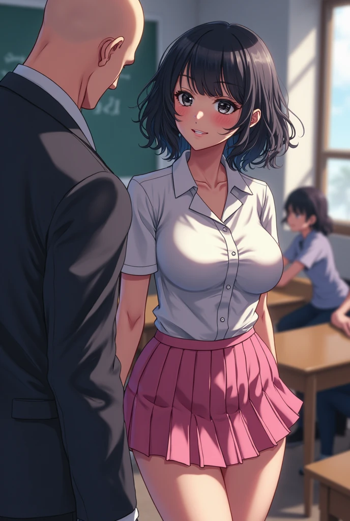 1boy buzzcut, white sleeves, hug from behind, buzzcut boy caressing girl's body, breast groping, breast grope, hold breast, biting shoulders, sex from behind, 1girl, bangs, black hair, brown eyes, long hair, hair ribbon, yellow long sleeve, cleavage, breast, medium breast, long grey skirt, indoors, office room, masterpiece, perfect anatomy, cowboyshot