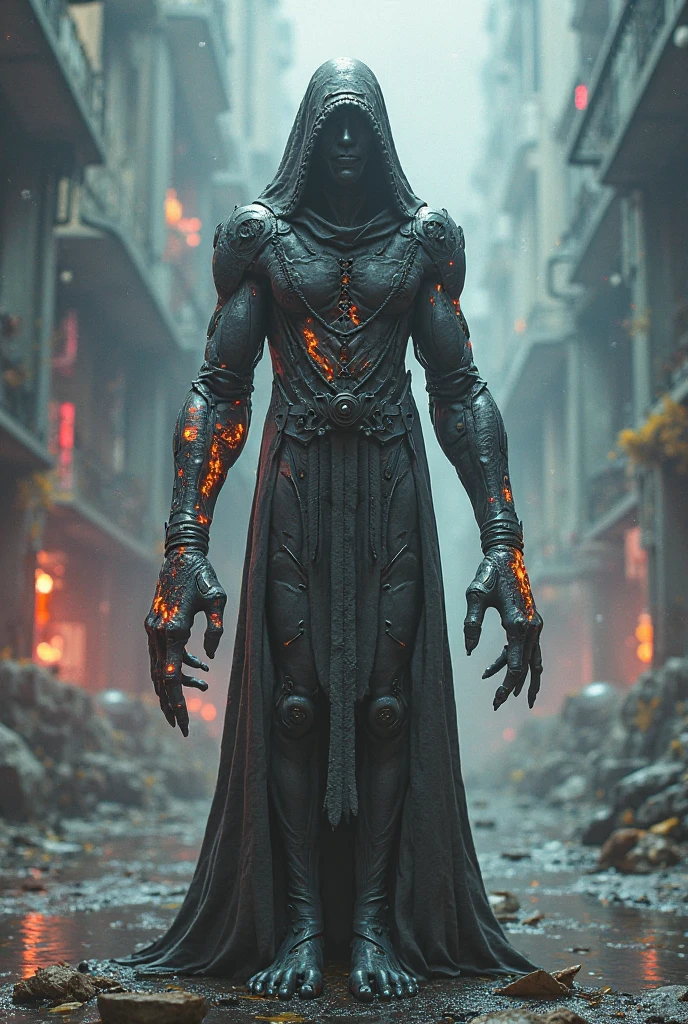 Gray-skinned humanoid alien, humanoid face covered by a gray hood showing only yellow eyes, brawny