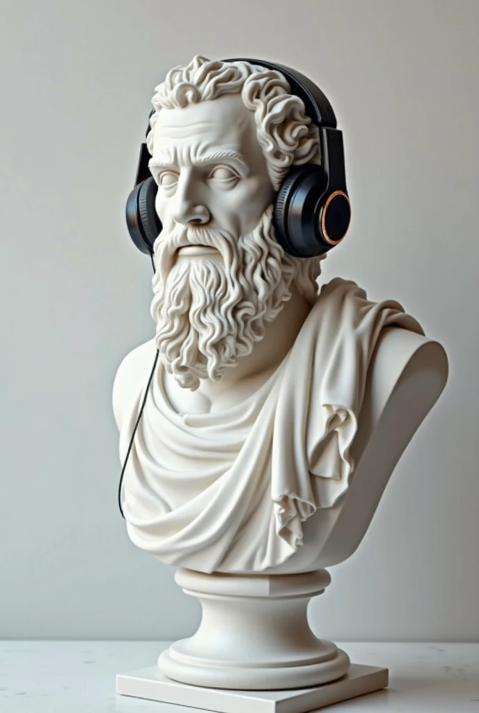 A stoic Greek man made of gray stone with cracks representing modern DJ. The figure must be in a dynamic pose, with one hand adjusting the headphones and the other on the soundboard. The sculpture must have the following characteristics:Headphones: Large and modern, detailed carved from marble.Sound Desk: A toned body with the head lowered, a thick fog around, a red beam in the sky illuminates the fog. In the background there are black mystical mountains, bright colors, high contrast of tones, dark atmosphere, seen from above.Mix of modern technology with classical Greek elements, including buttons and sliders.Golden Chain: A robust and very detailed hanging around the neck. Transparent Glasses Glasses with a translucent appearance, sculpted to look like glass.Rasta Hair: Dreadlocks falling forward, partially covering the face, but without hiding important details. Sculpture Style: Ideal proportions and well-defined muscles, following the classic Greek style. Traditional Greek clothing adapted to the modern look of a DJ.Base and Context:The base of the sculpture must combine classical elements, such as Greek columns and friezes, with symbols of Image Quality Resolution: 4K to 8K