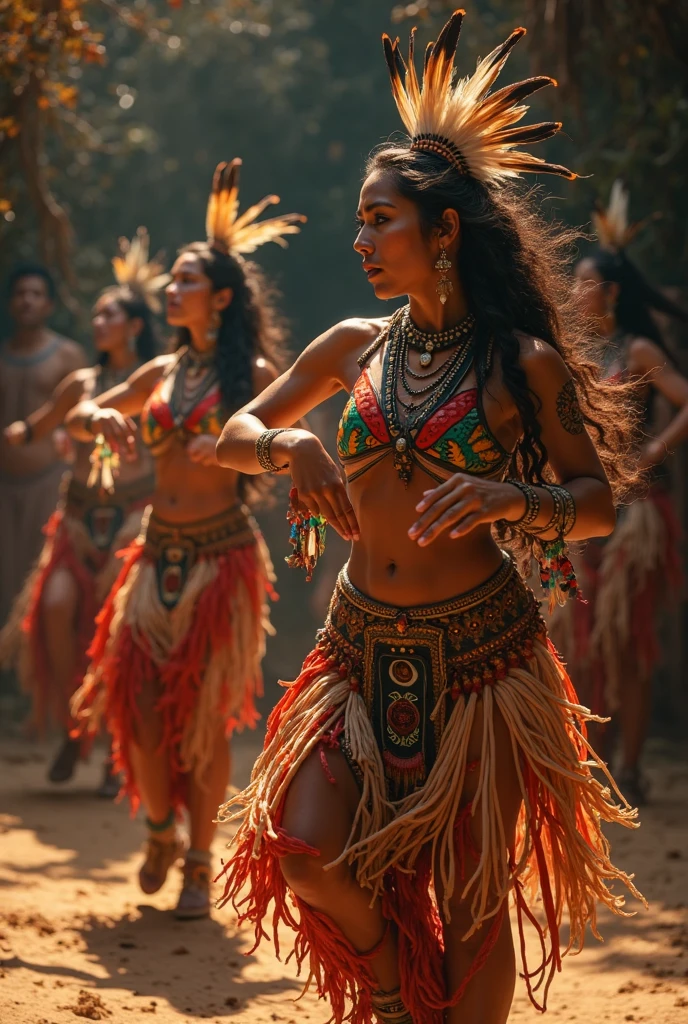 artistic photograph of an aztec woman dancing, loin cloth, (full body shot), extremely detailed, centered, [intricate aztec temple in the background], high resolution, hyperdetailed, insane details, soft lighting, film grain