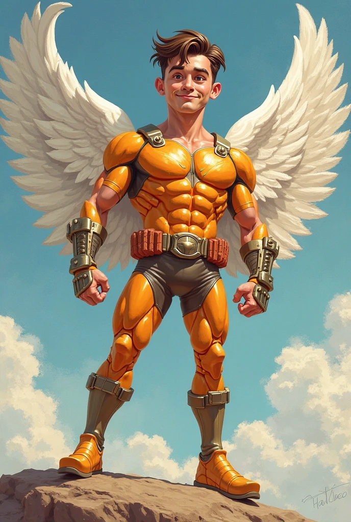 the figure of a man smiling like an angel, with large and voluminous white wings, frontal view