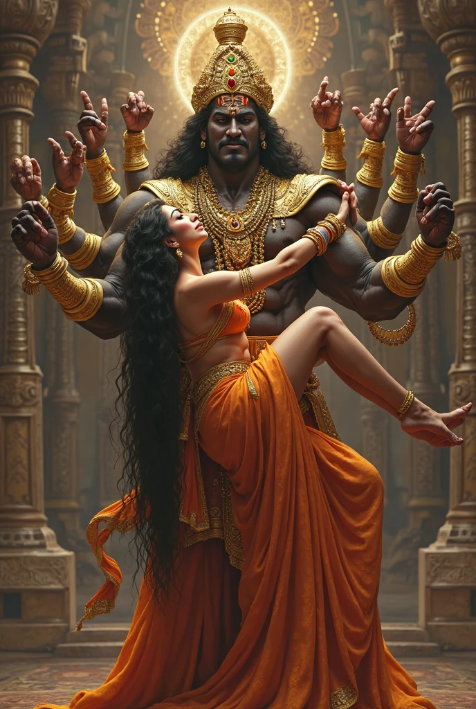 In cinematic 3d cartoon style “ * Ravan, with ten heads and twenty arms and a big Lund, forcibly Fucking Nude Sita ,  Beautiful Hindu Milf goddess , 32 year old 5 feet 8 inches tall ,slim waist,Bubble butt,36D 30 36 figure, wearing  no clothes , Waist jewellery necklace, bangles and crown ,Moving towards temple looking behind , No clothes 
Nude , bent over , on knees Ass naked and spread , doggy pose , Sex pose 
Naked pussy, nude ass  ,Nude boobs,Orange  tattoo trident on thighs and waist, Om🕉️ marks on body
Orange transparent Chunri , orange dupatta ,white cum , Pussy juice ,Leaking Cunt , waist jewel ,stretched Pussy ,visible Hindu Choot , Erotic expression, Fear of Rape , Pleasure in eyes, Looking towards temple, Butt facing viewers, Bhagwa Dupatta, Ass facing viewers , looking behind,  , spread pussy , stretching pussy , 
Orange Transparent Cloth, Breast Squeezing ,Red in his chariot. The scene is dramatic, with Sita’s distress and Ravan's menacing presence emphasized. The background shows a lush forest with a sense of sudden chaos.” Sitas Pussy getting strached as she holds onto her ample boobs while ravan keeps fucking her from behind , 