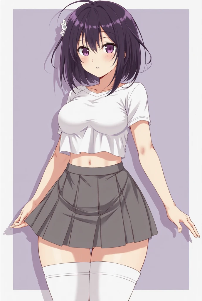 Minya Johnson, Mini Yaemori, Long hair, Bangs, Black hair, Blue hair, (Purple eyes:1.1), multicolored hair, Blunt bangs, striated hair, Ahoge,BREAK  shirt, White shirt, Short sleeves, clothes writing,BREAK looking at viewer,BREAK (masutepiece:1.2), Best Quality, High resolution, Unity 8k壁纸, (Illustration:0.8), (Beautiful detailed eyes:1.6), extra detailed face, Perfect Lighting, extremely details CG, (Perfect hands, Perfect Anatomy),Naughty big、Smile with open mouth、cowboy  shot、thighs thighs thighs thighs、(Skirt lift:1.3), (white  panties:1.3)、(Skirt that rolls up:1.3)、(Fully exposed panties:1.5)、outside of house、plein air、double tooth、Throat and face、