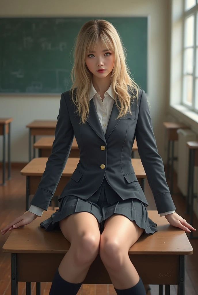 Sex worker's school uniform swinging upwards, 40k, Cinematographer, obra maestra, mejor calidad, fondo gris oscuro, (1chica ojos azules y cabello rubio pronto rizado, cara de Margot Robbie), grandes pechos llenos hasta esperar usando, (uniforme de trabajadora sexual sexy redonda: 1.3),(lenceria colegial), poses variadas.