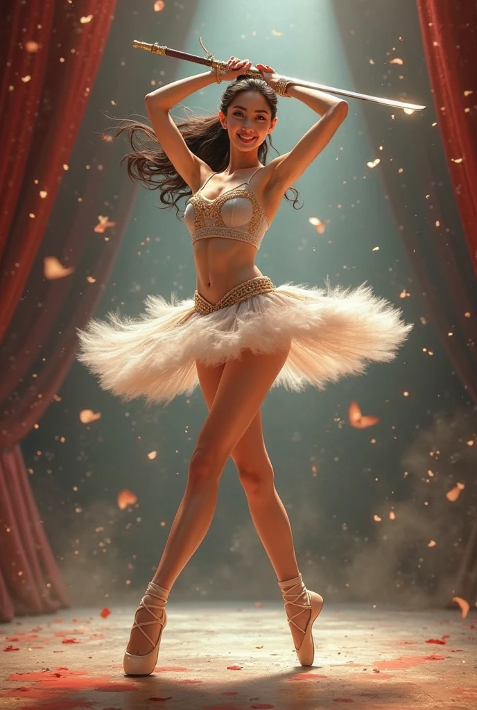 (A beautiful woman with a mustache:1.3), Ballerina, Ballerina is dancing, (((A tutu with a swan-shaped crotch, She is wearing a tutu with a swan-shaped crotch, A tutu is three-dimensional swan on the crotch:1.4, swan is peeking out from between her crotch))), Wearing pointe shoes, Lean back, Ecstatic expression, (slender body:1.15), Standing on tiptoes, Relevé, plié, Pointe, Modern Ballet, Like a Anna Pavlova, Perfect Face, Stunningly beautiful, Highly detailed CG, Super detailed, natural soft lighting, HDR, Realistic Skin, Dancing gracefully, 8K resolution, High resolution, (Photorealistic, High resolution:1.4), Raw photo, (Realistic, Photorealsitic:1.37), Beautiful girl of the highest grade,