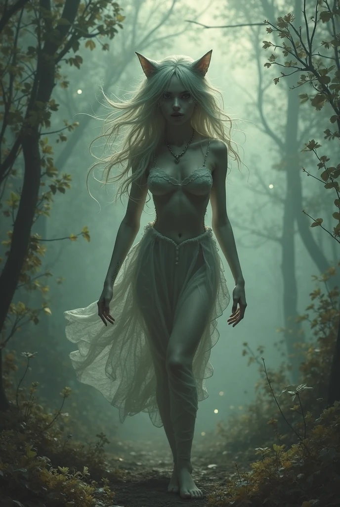 slender elf, with wavy white hair, whose face looks like a mask, with medieval dress and leather corset, walking through a dark, foggy forest