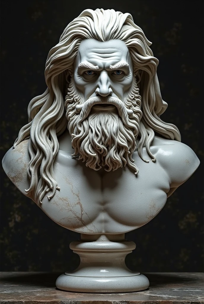 Crie uma imagem 8K inspiradora representando um Zeus grego ,Forte, olhando para o lado, immortalized as a bust statue, Single bust statue, com detalhes minuciosos, com fundo azul escuro