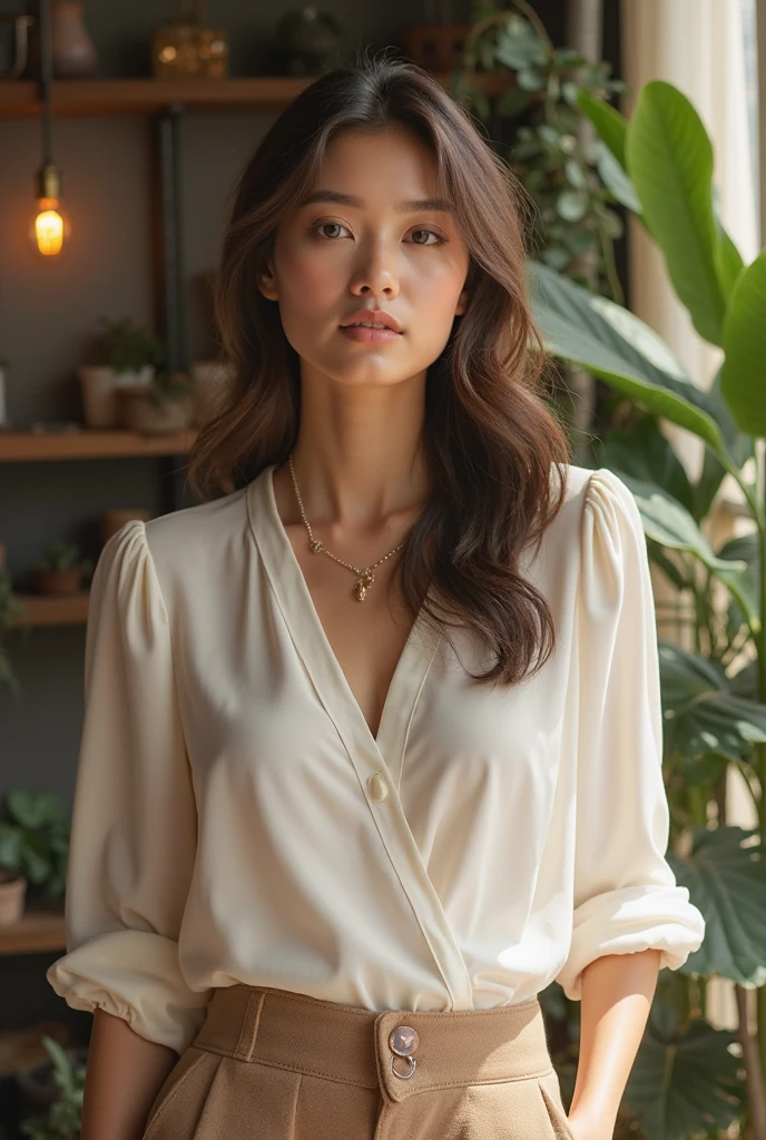Asian beauty exudes elegance and confidence in her ensemble. Dressed in an elegant white top, that emphasizes her grace, combined with classic jeans, that effortlessly accentuate their curves, She embodies a timeless and sexy attraction. The combination of sophistication and casual chic creates a striking and memorable presence, leaves a lasting impression, wherever she goes