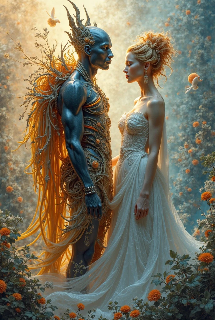 The design features a couple representing the elements of air and earth.

Feminine Figure (Earth): Representing the element of earth, the feminine figure is delicate yet strong, with features that evoke vegetation. The colors are greens and browns, with textures that convey the stability and fertility of the earth.

Masculine Figure (Air): On the other side, the element of air is depicted as a dynamic and intense masculine figure, with an aura of battle. This figure could be a winged entity or an abstract form that suggests movement and conflict. The dominant colors are light blue or white, with details resembling clouds or wind, emphasizing a sense of power and turbulence.