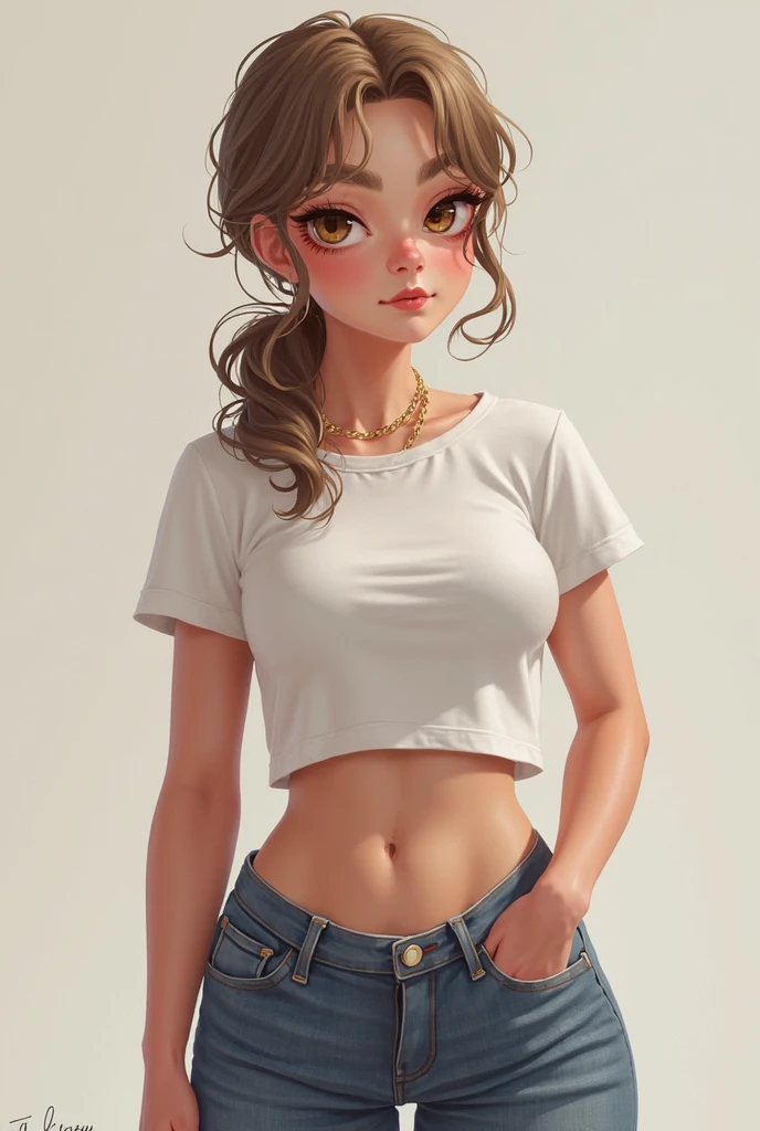 uma , latina face, brown skin, long natural curly brown hair, ponytail, glamour, Stand up, maquiagem, Lips are soft or colored, fundo simples, silhuetas fluidas, Stand Up, provocador, surprised facial expression, bashful, simple lighting and texture, large clothes, pants, tiny bra, perky breast