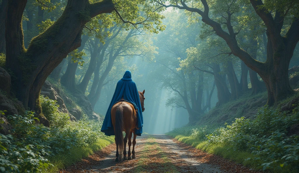 (photorealism:1.2), first person view medieval man with mystic blue clothes, riding a horse approaching to the entrance of a mystic forest.