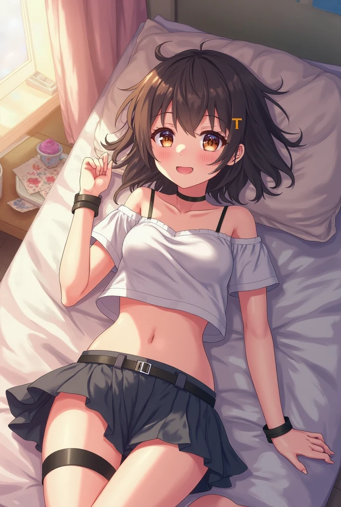 2D,highest quality,(masterpiece),(whole body),Aya Shameimaru,Black Hair,(short hair),1 female,ear,(Healthy brown skin:1.6), Shiny skin,Sunburn,(light brown skin:1.5),(Denim hot pants),Tank top,barefoot,barefoot,Attractive thighs,Butt,Total,Bedroom,On the bed,Get drunk with liquor,Sweat,Superior,cheeks are bright red,Get a good night's sleep,Sleeping on your stomach,Sleeping face like an angel,Cute with bruises,erotic,I feel it,Denim hot pants,night,Breathe heavily,Sexy as a little devil,I love you、Angle shot from directly above