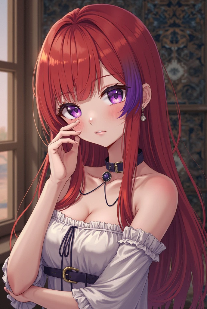 Highest quality、highest quality、Highest Resolution、beautiful girl, Bright red hair、Big Tits、 Detailed purple eyes, A gorgeous white lingerie-style dress,Firm breasts,Big cleavage、necklace、Earrings、In close range、Sexy look、Poses that accentuate the chest