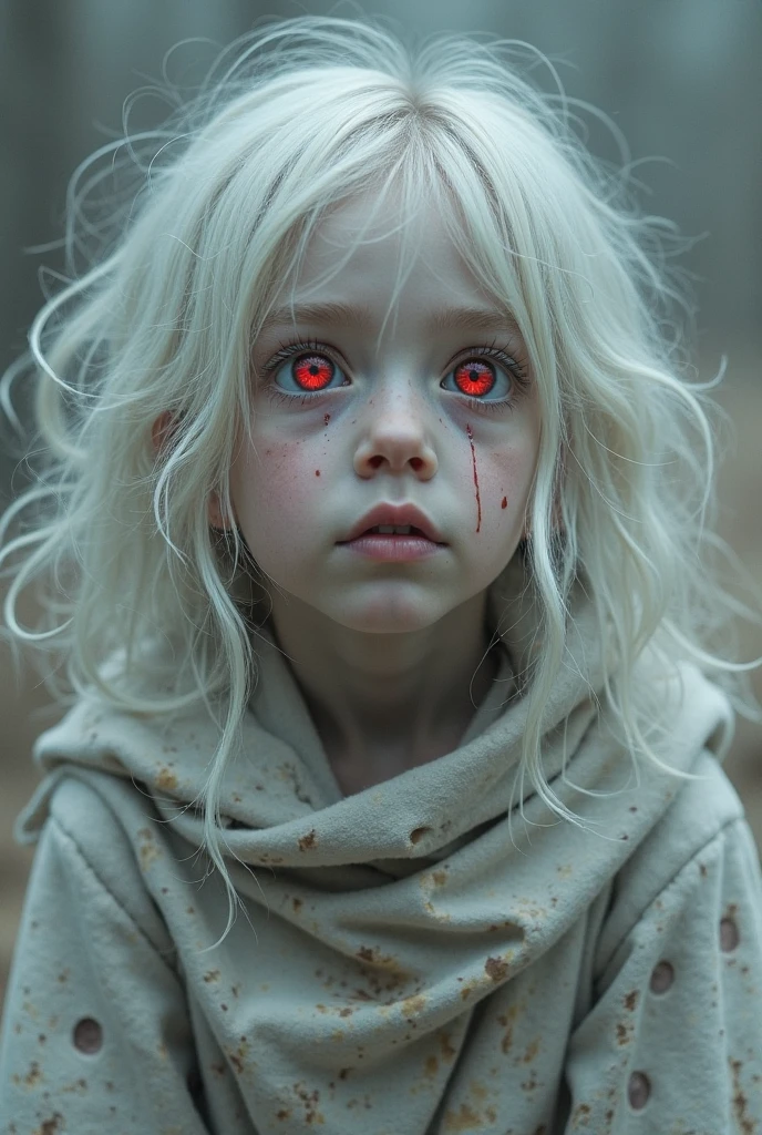 A boy with white curly hair which arr long and red eyes with tanned skin along with a white earing on his ear