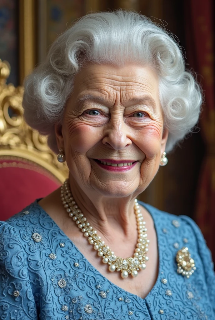 (gorgeous queen elizabeth 80yo ), (huge saggy breast:1.6), (dressed for a party with elegant white chiffon shirt:1.4), (black skirt), (sitting on sofa), lipsticks