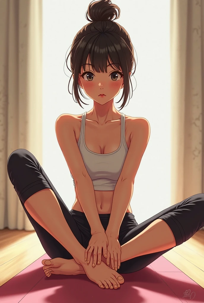 8K、masterpiece, highest quality, ultra high resolution, highest resolution, professional lighting, orange light lighting、Backlight、antique wood interior、Foliage plant、Large indoor、Full body angle shot、dim lighting、yoga、meditation、woman, small face、white skin、brown eyes、beautiful eyes、beautiful eyelashes、beautiful eyes、highlight:1.2)、beautiful feet、 (detailed face and iace:1 2)、almond eye、(ponytail) 、(oval face : 1.4)、(realistic skin texture, realistic))、((detailed face,round face contour、brown hair、Yoga Wear 、tops、 Yoga pants 、yogaleggings、 Gym 、Pilates Wear 、Yoga Wear 、 short sleeve、 Hot yoga 、leggingeditation on the yoga mat、Take a low posture、Sports yoga、meditation