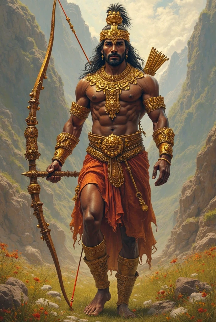 "Create an epic illustration featuring Kalki, the prophesied tenth avatar of Vishnu, at the center. Kalki is depicted as a majestic figure with a radiant, glowing body and a handsome, dark complexion. He is wearing divine, shining garments that reflect his supreme status and divinity. Kalki rides a magnificent white horse named Devadatta, holding a gleaming, celestial sword in his hand, symbolizing justice and power.
Surrounding Kalki are his principal warriors and divine allies:
1. **Hanumanji**: The devoted monkey god, Hanuman, stands strong and powerful with his characteristic mace, ready to assist Kalki. His form is muscular and exudes immense strength and loyalty.
2. **Raja Bali**: The noble and wise king Bali, depicted with regal attire and a calm, composed expression, represents his ancient wisdom and leadership.
3. **Ashwatthama**: The formidable warrior from the Mahabharata, Ashwatthama, is shown with his iconic gem on his forehead, symbolizing his immortality and unyielding strength.
4. **Parshuram**: The sixth avatar of Vishnu, Parshuram, appears as a fierce and austere figure with a battle-axe in his hand, embodying the spirit of righteous warfare.
5. **Veda Vyasa**: The great sage and author of the Mahabharata, Veda Vyasa, is shown with a wise and serene demeanor, holding ancient scriptures, symbolizing his immense knowledge and spiritual authority.
6. **Kripacharya**: The revered warrior and teacher from the Mahabharata, Kripacharya, is depicted with a noble and stern expression, ready to guide and protect.
7. **Vibhishan**: The righteous brother of Ravana, Vibhishan, stands with a calm and virtuous aura, representing justice and devotion.
The background is a dramatic battlefield with dark clouds and lightning, signifying the epic battle between good and evil. Divine light emanates from Kalki and his allies, contrasting with the ominous surroundings, highlighting their divine mission to restore Dharma.