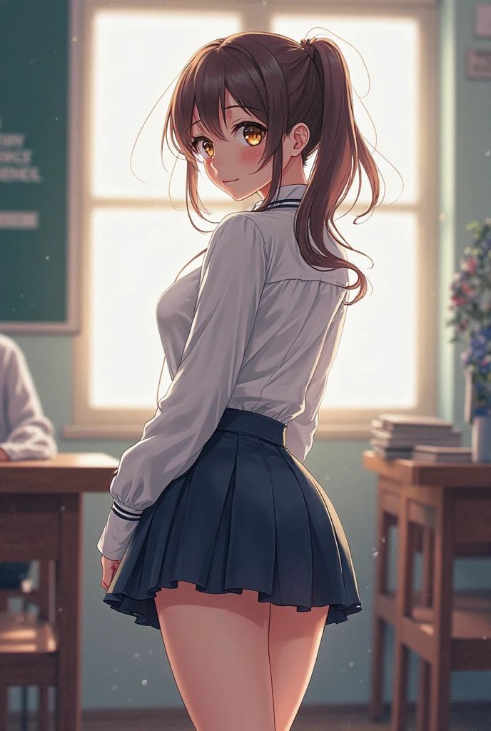 masterpiece, best quality, best lighting, shadows, perfect anatomy, 1 girl, 21 years old, mature features, bitchy face, pretty lips, pretty eyes, black wavy hair, black eyes, seductive eyes, blushing, flirty, pretty smile, tiny red skirt, white tight shirt, classroom background, ass, breast, thighs, nsfw,