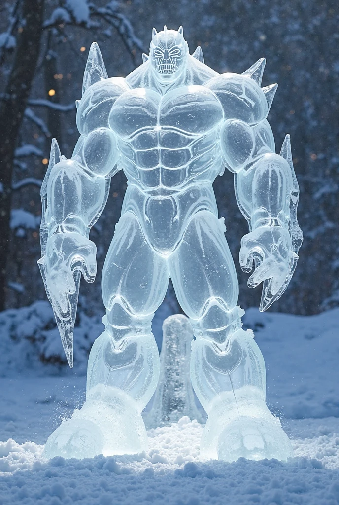 photo of a man, a man as a (made_of_ice:1.3), perfect muscled body, on a pedestal, modelshoot style, photo of the most beautiful artwork in the world, High Detail, Sharp focus,(((in the snow))), full body, (closeup), <lora:made_of_ice:0.6>,