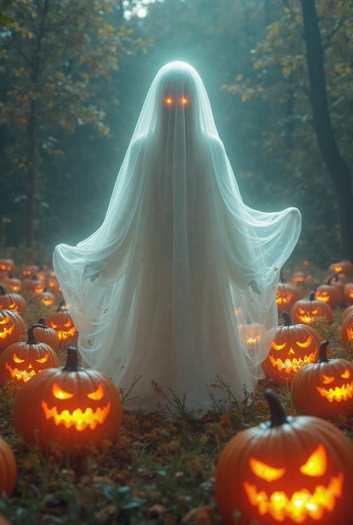 (night:1.4), ((illuminated:1.1) (busty:1.2) (translucent:1.2) ghost:1.2), long transparent hair, long transparent dress, sitting on a tomb stone on a spooky horror cemetery,  helloween, (pumpkins:1.2), graves, tombs,  fog, dust, a derelict mansion in the background on a (hill:1.2), intricate details, HDR, raytracing, masterpiece