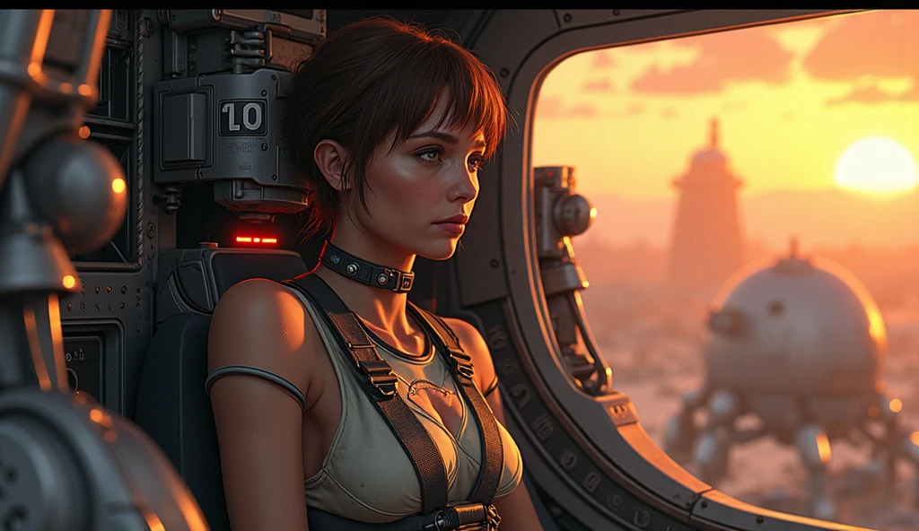 arafed image of a woman in a bra top standing in front of a giant robot, inspired by Don Maitz, beautiful retro art, cybernetic culture research unit, widescreen, charlie bowater and mark brooks, future city, seventies cinema --auto --s2