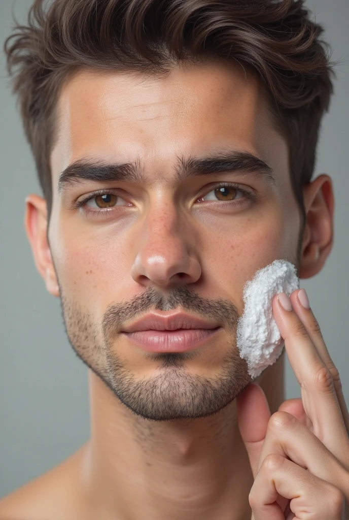 a man washing his face, soap foam on face, male skincare routine, realistic, 8k, high quality, detailed, photorealistic, studio lighting, highly detailed skin texture, pores, facial hair, water droplets, steam, bathroom interior, minimalist decor, warm lighting, natural skin tones, clean, fresh, serene, calming