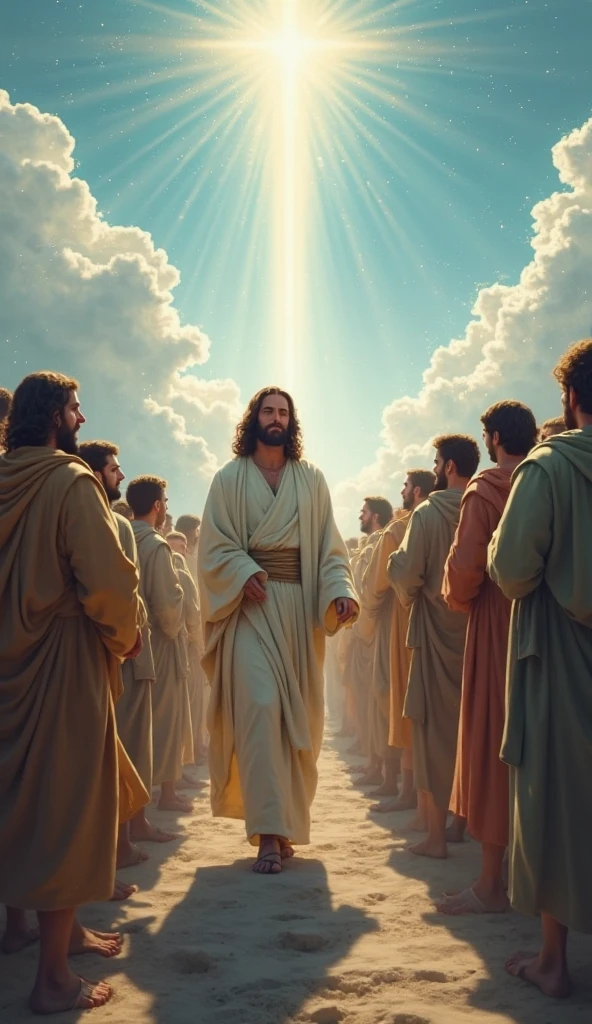 Jesus receiving a line of people leaving a plane , in this line Oh child,ELDERLY, adults women and men , they are arriving in the heavenly city very happy