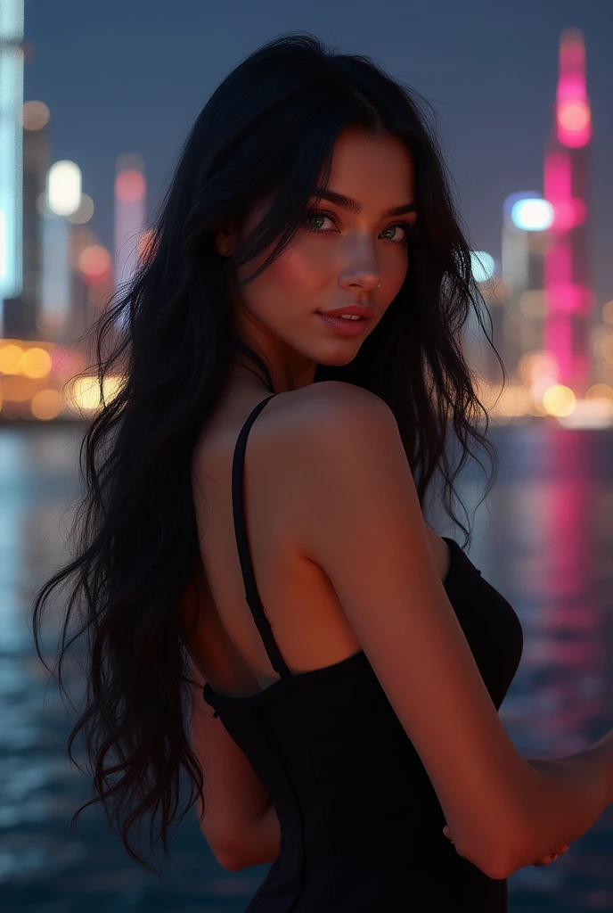 photo of a girl, RAW, beautiful woman, (extra long wavy brunette hair), ((portrait)), ((detailed face:1.2)), ((detailed facial features)), (finely detailed skin), pale skin, (high detailed deep cleavage cyberpunk steel dress), cyberpunk megacity environment, (cold colors), damp, moist, reflections, (masterpiece) (perfect proportion)(realistic photo), (sunset:1.3)