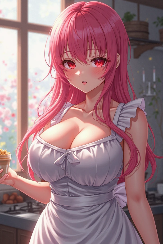 Yae Miko,(masterpiece, best quality:1.2), (high resolution, 8K RAW photo, photo realistics, clear focus, weak outline:1.3), pov, solo, ((nfsw:1.5, fuge breast:1.3, big tits, breast cleavage, harass sexually, in heat, presenting)), ((beautiful eyes with highlight:1.3)), raised sexy, (pink hair), long hair, asymmetric hair, half updo hair , ((violet eyes)), bokeh , (correct anatomy:1.6, ideal ratio of body proportions), (in kitchen, kitchen in japanese style ,home cooking), (naked apron), (beautiful smile), (little hearts in the air), (hands on own face,hands on own cheeks),
