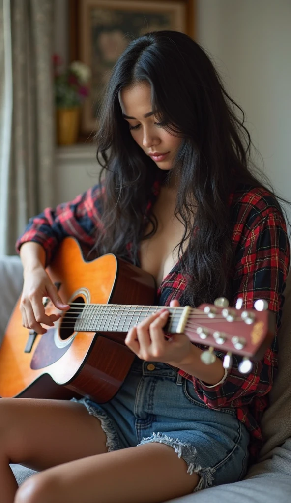 1girl, solo, in messy room, guitar, naked