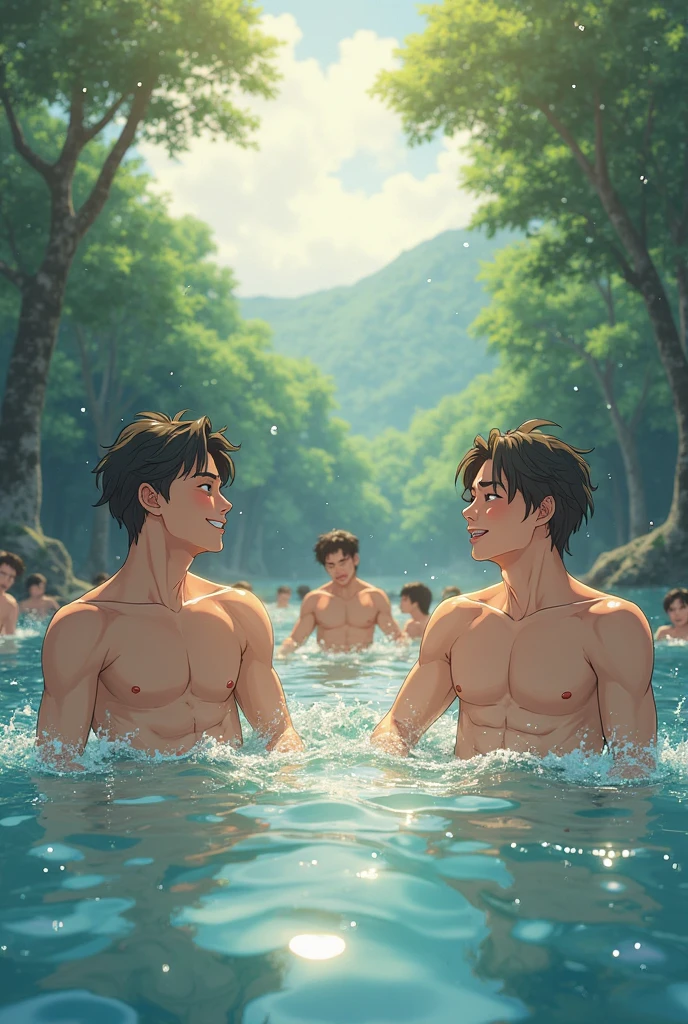 muscular、Rugby Club。hot spring、Completely naked、Three people、Cool cute、All three of them are looking up at me.